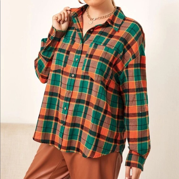 Women’s Plaid Green & Orange Drop Shoulder Blouse - Picture 4 of 5